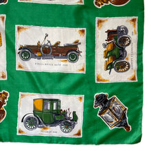 Load image into Gallery viewer, Vintage Rayon Motoring Themed Scarf in Emerald Green with Car Print - Great Turban or Headscarf