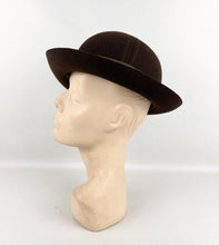 Load image into Gallery viewer, Original 1930's Little Bunty Chocolate Brown Felt Hat with Feather and Grosgrain Trim