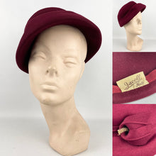 Load image into Gallery viewer, Original 1950's Stylish Burgundy Felt Hat by Jacoll - Beautiful Vintage Hat