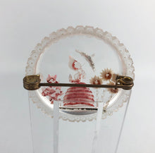Load image into Gallery viewer, Original 1940s Circular Reverse Carved Lucite Brooch with Crinoline Lady and Flowers