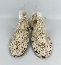 Load image into Gallery viewer, Original 1940's Make Do and Mend Homemade Summer Sandals in Crochet with Ankle Ties - UK size 5