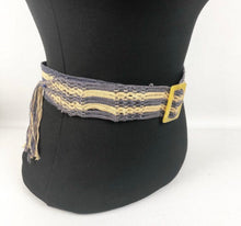 Load image into Gallery viewer, Original 1930s Blue and Cream Crochet Cotton Belt with Yellow Plastic Buckle