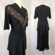 Load image into Gallery viewer, 1940s Black Dress with Lace Overlay and Fishtail Peplum -B38