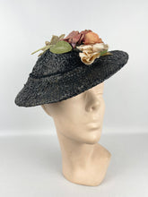 Load image into Gallery viewer, Original 1930's Black Straw Hat with Charming Faded Flora Flower Trim