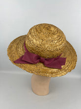 Load image into Gallery viewer, Original 1930's Wide Brimmed Straw Hat with Dusky Pink Grosgrain Trim - Wounded But Wearable