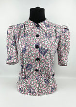 Load image into Gallery viewer, 1940's Reproduction Novelty Print Blouse with Clocks and Clock Hands Made From an Original 1940's Feed Sack - B34 35