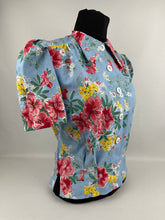 Load image into Gallery viewer, 1940's Reproduction Pretty Floral Print Blouse - Blue with Pink, Yellow and White Flowers - Bust 34