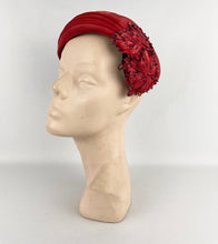 Load image into Gallery viewer, Original 1950s Libye Diamond Red Velvet Hat with Beaded Leaf Applique *