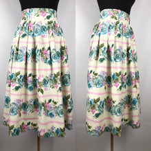 Load image into Gallery viewer, Original 1950s Yellow and Blue Cotton Skirt with Bold Roses Print - Waist 26" 27"