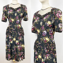 Load image into Gallery viewer, Original 1940s Black Floral Dress with Sweetheart Net Covered Neckline - Bust 36 38