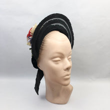 Load image into Gallery viewer, Original 1940's Black Straw Hat - Pretty Bonnet Shape Half Hat with Poppy Flower Trim - Patriotic
