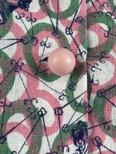 Load image into Gallery viewer, 1940's Reproduction Novelty Print Blouse with Clocks and Clock Hands with Spherical Pink Buttons Made From an Original 1940's Feed Sack - Bust 34"