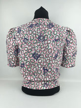 Load image into Gallery viewer, 1940's Reproduction Novelty Print Blouse with Clocks and Clock Hands with White Buttons Made From an Original 1940's Feed Sack - Bust 34"