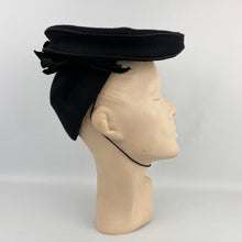 Load image into Gallery viewer, Original 1940s Inky Black Felt Hat with Triple Bow Trim and Black Felt Back