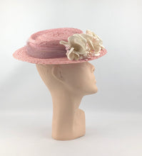 Load image into Gallery viewer, 1940s Pink Straw Hat with Floral Trim and Net