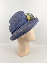 Load image into Gallery viewer, Original 1940’s Lavender Straw Bonnet Hat with Pretty Floral Trim - Vintage Summer Straw Hat *