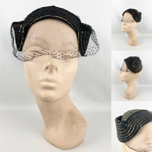 Load image into Gallery viewer, Fabulous Original 1950's Black Straw Cocktail Hat with Gold Trim and Net - Perfect Evening Hat