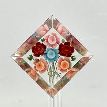 Load image into Gallery viewer, Original 1940s 1950s Reverse Carved Diamond Shaped Lucite Brooch with Cluster of Six Flowers *