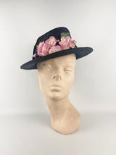 Load image into Gallery viewer, Original 1930s or 1940s Black Straw Hat with Pretty Pink Floral Trim
