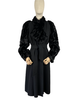 Load image into Gallery viewer, RESERVED FOR SAM Incredible Original 1930s Black Belted Wool Coat with Faux Fur Sleeves - Bust 34 35 36