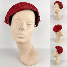 Load image into Gallery viewer, Original 1950s Libye Diamond Red Velvet Hat with Beaded Leaf Applique *