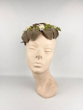 Load image into Gallery viewer, Original 1950's Petal Hat in Brown with Cream Flowers and Velvet Bow Trim