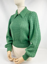 Load image into Gallery viewer, 1930's Reproduction Hand Knitted Long Sleeved Cable Jumper in Forest Green Alpaca Wool - Bust 36 38