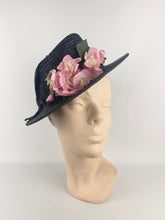 Load image into Gallery viewer, Original 1930s or 1940s Black Straw Hat with Pretty Pink Floral Trim