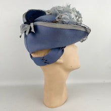 Load image into Gallery viewer, Original 1940's Lavender Blue Felt Tilt Hat with Fluffy Feather and Net Trim - Divine Piece