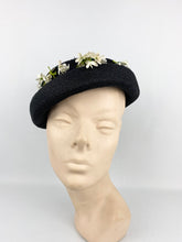 Load image into Gallery viewer, Original 1950s Black Straw Hat with White Floral Trim