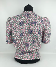 Load image into Gallery viewer, 1940's Reproduction Novelty Print Blouse with Clocks and Clock Hands with Spherical Pink Buttons Made From an Original 1940's Feed Sack - Bust 34"