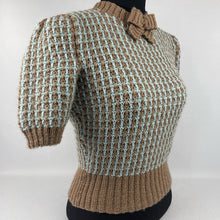 Load image into Gallery viewer, Reproduction 1940's Waffle Stripe Jumper Mocha and Duck Egg Blue Knitted from a Wartime Pattern - B 36 37 38 39 40