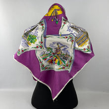 Load image into Gallery viewer, Vintage Artificial Silk Scarf with Tulips, Artist Palette and Tourist Attractions - Holland Tourist Piece - Great Turban or Headscarf