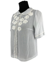 Load image into Gallery viewer, Original 1930's Powder Blue Chiffon Blouse with White Applique Trim - Bust 32
