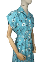 Load image into Gallery viewer, Original Volup 1950's Turquoise Blue Summer Dress with White and Black Floral Print - Bust 38 40 *