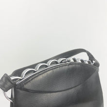 Load image into Gallery viewer, Original 1930s Black Leather Bag with White Metal Scalloped Trim