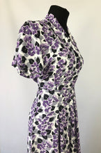 Load image into Gallery viewer, Wounded But Wearable 1940s Black, Purple and White Dress - B36
