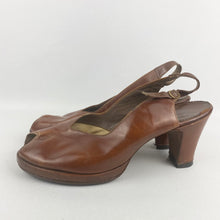 Load image into Gallery viewer, Original 1940s Chestnut Leather Peep Toe Sling Back Shoes by Dolcis - Uk Size 6