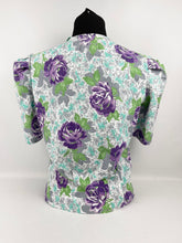 Load image into Gallery viewer, 1940's Reproduction Floral Print Blouse with Large Purple Roses and Grey Buttons Made From and Original 1940's Feed Sack - Bust 34" 35"