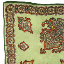 Load image into Gallery viewer, Original 1940's Pistachio Green Crepe Hankie with Rust, Green and Yellow Print - Great Gift Idea