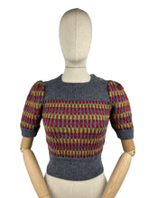 Load image into Gallery viewer, Reproduction 1940’s Hand Knitted Striped Jumper in Grey, Mustard, Purple, Green and Red - Bust 32 34 36