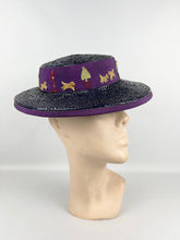 Load image into Gallery viewer, Original 1940's Indigo Blue Lacquered Straw Hat with Purple Trim and Applique Dogs