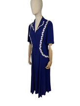 Load image into Gallery viewer, Original 1940's French Navy Crepe Day Dress with White Applique Trim - Bust 44