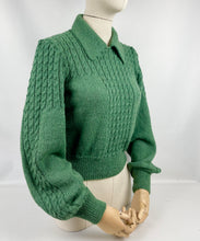 Load image into Gallery viewer, 1930's Reproduction Hand Knitted Long Sleeved Cable Jumper in Forest Green Alpaca Wool - Bust 36 38