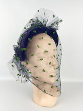 Load image into Gallery viewer, Original 1950s Purple Felt Hat with Green and Purple Net - Charming French Made Piece