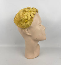 Load image into Gallery viewer, Original 1950’s Half Hat in Yellow Ochre Grosgrain - Pretty Net and Flower Trim - Perfect for Autumn *
