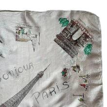 Load image into Gallery viewer, Vintage 1950's Bonjour Paris Tourist Scarf with The Eiffel Tower, Notre-Dame and More - Great Neckerchief or Headscarf
