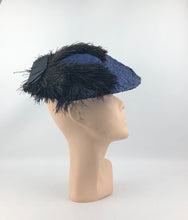 Load image into Gallery viewer, 1940s Royal Blue Straw Hat with Black Ostrich Feather Trim