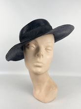 Load image into Gallery viewer, Original 1940's Dark Blue Lacquered Straw Hat with Net Covered Flower Trim by Peter Robinson *