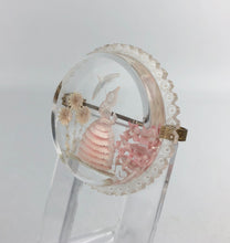 Load image into Gallery viewer, Original 1940s Circular Reverse Carved Lucite Brooch with Crinoline Lady and Flowers